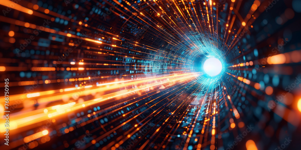 Poster abstract background with glowing light rays and digital lines, representing speed of data transfer i