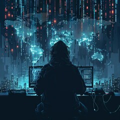 Hacker in a black hoodie sitting at a table with a laptop, on a dark background. Cultivating an atmosphere of mystery and intrigue. The use of shadows adds to the overall sense of anticipation associa