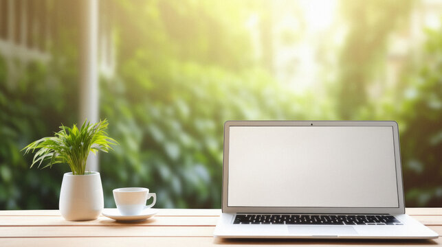 Laptop computer with blank screen on wooden table with coffee cup and potted plant .