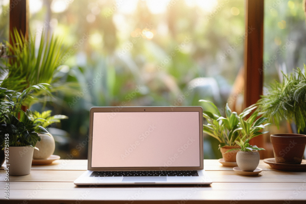 Wall mural laptop with blank screen on wooden table with green nature