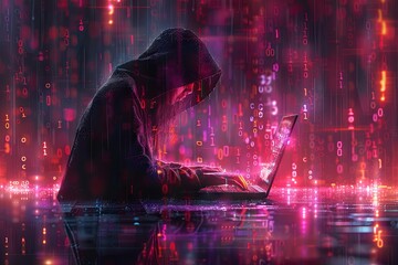 Hacker in a hood using a laptop, coding and data on a code background. Digital symbols and abstract technology concept. Generative AI - obrazy, fototapety, plakaty
