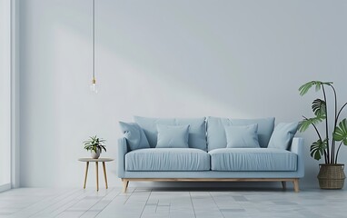 3D rendering of a living room interior design with a light blue sofa and copy space wall mock up, side table decoration in a minimal style home decor