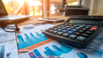 Macro view of a calculator, budget books, and a background of recession graphs, signifying financial planning in crisis