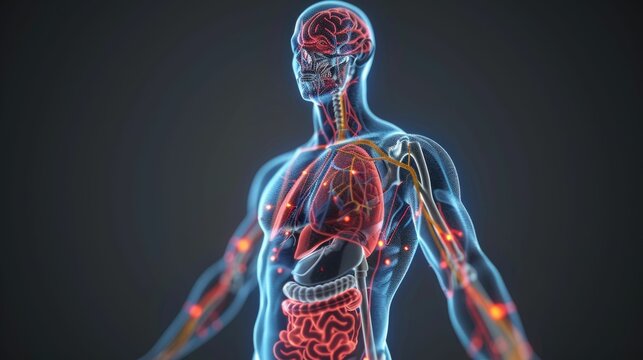 3D model of a body highlighting metabolic syndrome factors, interactive health education