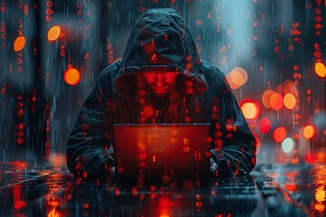 Hacker in a hood using a laptop, coding and data on a code background. Digital symbols and abstract technology concept. Generative AI