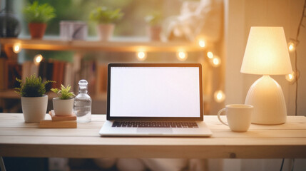 Mockup image of laptop with blank white screen and coffee cup on wooden table