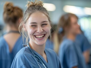 Fototapeta premium A smiling woman in a blue scrubs is posing for a picture