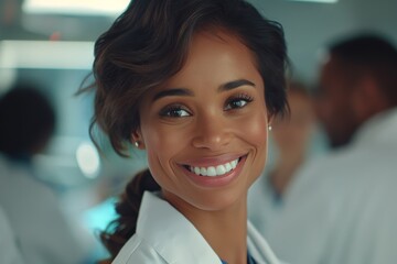 Fototapeta premium A woman with a smile on her face is wearing a white lab coat