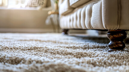 A detailed closeup showcasing the texture of a plush beige carpet with the sofa feet in the background, giving a warm cozy home vibe