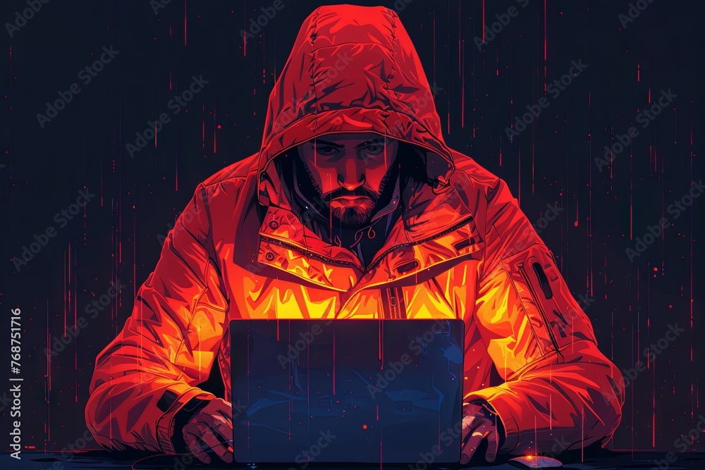 Wall mural hacker in hood using laptop and phone illustration, dark background, minimalistic design, flat commercial illustration , front view. Generative AI