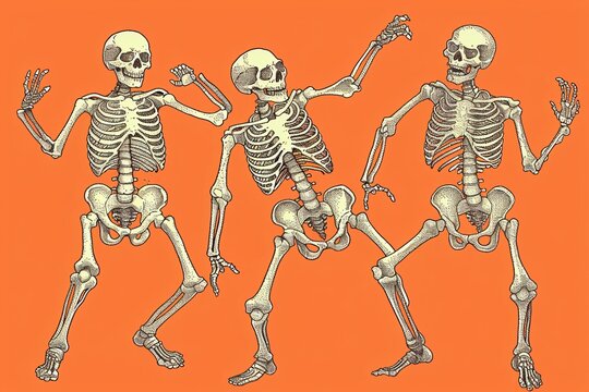 a group of skeletons on an orange background