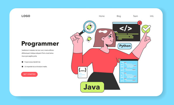 A Programmer deftly examines code for bugs, a metaphor for the meticulous nature of software development, with Python and Java highlighting her versatile skill set