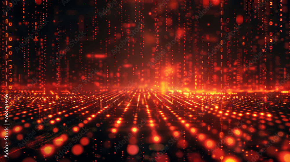 Poster an abstract digital grid with binary code, technology-driven financial world, futuristic technology