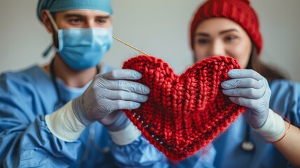 A couple of doctors are holding a red knitted heart - Powered by Adobe