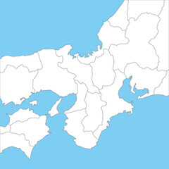 近畿地方・関西地方周辺のシンプルな白地図、県の境界入り
