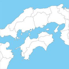 四国地方周辺のシンプルな白地図、県の境界入り