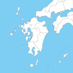 九州地方周辺のシンプルな白地図、県の境界入り
