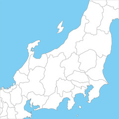 関東地方から中部地方のシンプルな白地図、県の境界入り