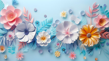 Fototapeta na wymiar Paper shaped flower bouquet isolated on pastel background. Spring card woman's day, 8 march, Easter, mother's day, birthday card, anniversary