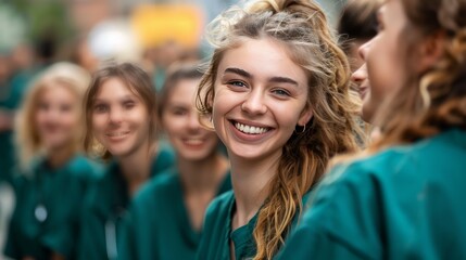 Fototapeta premium A group of women wearing green scrubs are smiling and posing for a picture