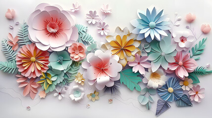 Paper shaped flower bouquet isolated on pastel background. Spring card woman's day, 8 march, Easter, mother's day, birthday card, anniversary