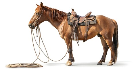 Rugged Cowboy Horse with Lasso on Isolated White Background Ready for Wild West Adventure - obrazy, fototapety, plakaty