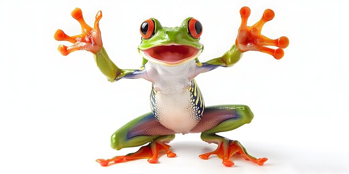 Energetic Green Frog Cheerleader Jumping and Shouting on White Background