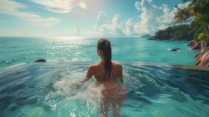 Woman Sitting in Pool, Looking at Ocean
