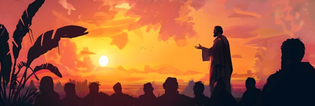 The Preacher Illuminated by the Warm Glow of the Sunset Addressing a Gathered Crowd in a Serene Tropical Setting