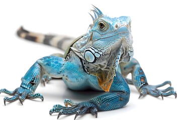 Vibrant Blue Iguana on White Backdrop,Captivating Reptile Portrait - obrazy, fototapety, plakaty