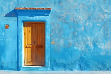 Vibrant Mediterranean-Style Blue House with Rustic Wooden Door on Sunlit Background