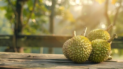 Vibrant Durian Fruit Centerpiece on Rustic Wooden Table in Tropical Southeast Asian Setting - obrazy, fototapety, plakaty