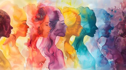 Vibrant Watercolor Painting Celebrating International Women's Day with Diverse Cultures and Ethnicities United in Gender and Empowerment - obrazy, fototapety, plakaty