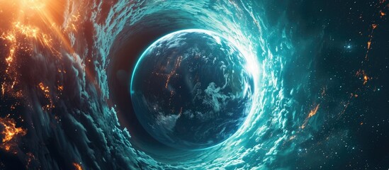 Illustration concept: Planet traveling through a dark tunnel in a wormhole