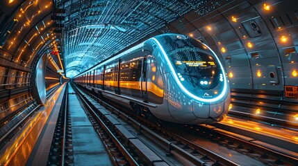 High-Speed Futuristic Train. Futuristic Train Gliding Through a Modernistic Tunnel. Streamlined Futuristic Train in a Sci-Fi Railway Corridor