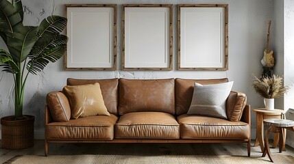 Interior Design with Leather Sofa and Blank Frames. Modern Living Space Featuring Luxurious Leather Couch and Triptych of Blank Art Frames