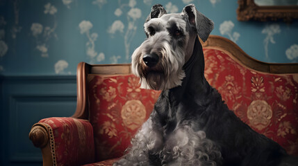 Irish Beauty, A Kerry Blue Terrier in European Homes. Generated AI