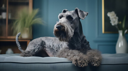 Irish Beauty, A Kerry Blue Terrier in European Homes. Generated AI