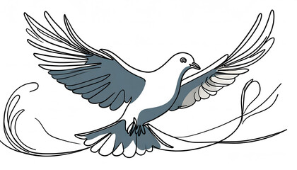 One continuous line drawing of flying up dove. Bird symbol of peace and freedom in simple. Generative AI.