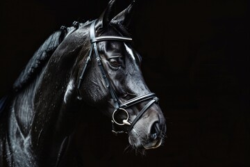 a black horse with a bridle - obrazy, fototapety, plakaty