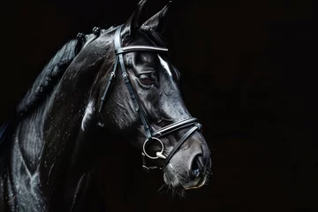 Fotobehang a black horse with a bridle © Georgeta