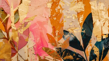 Printed art on paper. Abstract oil painting art. Flowers, leaves, elephants, zebras, horses. Gold-toned texture. Wallpaper, posters, cards, murals, rugs, hangings, wall art.