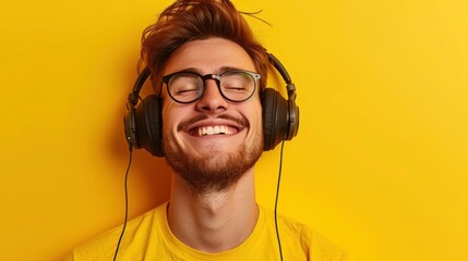 Man with on yellow background listening to music with headphones