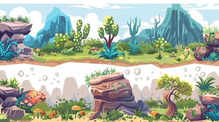 A cartoon game design nature landscape set, providing a variety of scenic backgrounds and elements for game development