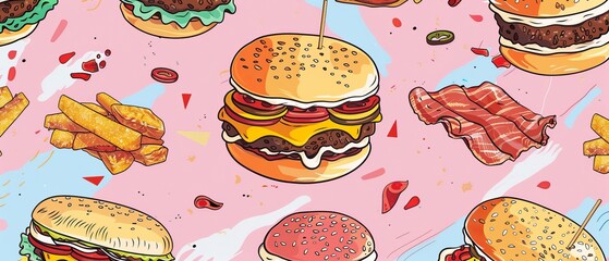 An isolated linear doodle modern illustration of a trendy burger cartoon character element. Ideal for printing on t-shirts and other apparel. Hand drawn retro design.
