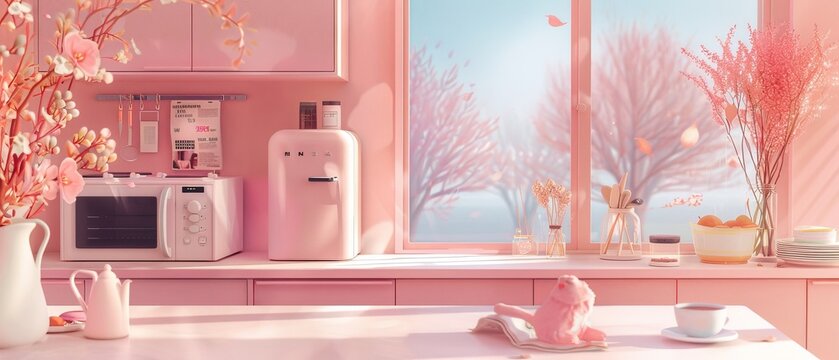 An illustration of a pink kitchen set on a blue background with a cat and dog and kitchen appliances: an oven, a microwave, a fridge, a table by a window, and a teapot. Outside the window it is