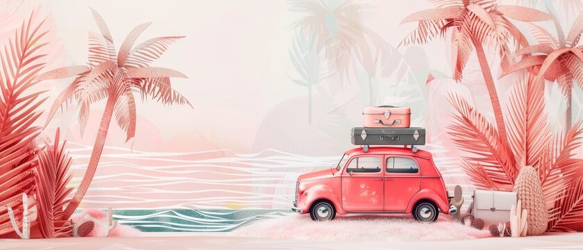 Traveling by red car with pile of suitcases on the roof near the beach with palm trees. Travel, tourism, summer trip. Modern illustration. Wooden car back view.