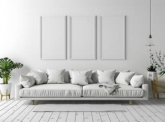 3D rendering of a modern living room interior with a sofa and photo frames on the wall in a mock up, high definition image