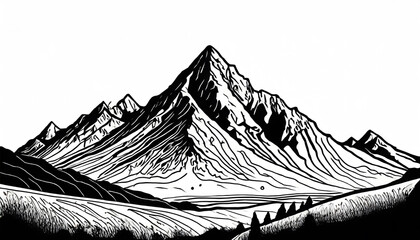 One continuous line drawing of mountain range landscape. Web banner with mounts in simple. Generative AI.