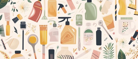 Modern illustration of house cleaning tools and supplies in a circle around the text of the advertisement. Broom, bottles, bucket, mop, vacuum. Hand drawn modern illustration.